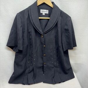 DANNY & NICOLE Women's Blazer Jacket Short Sleeve Dark Gray Studded Collar 14W